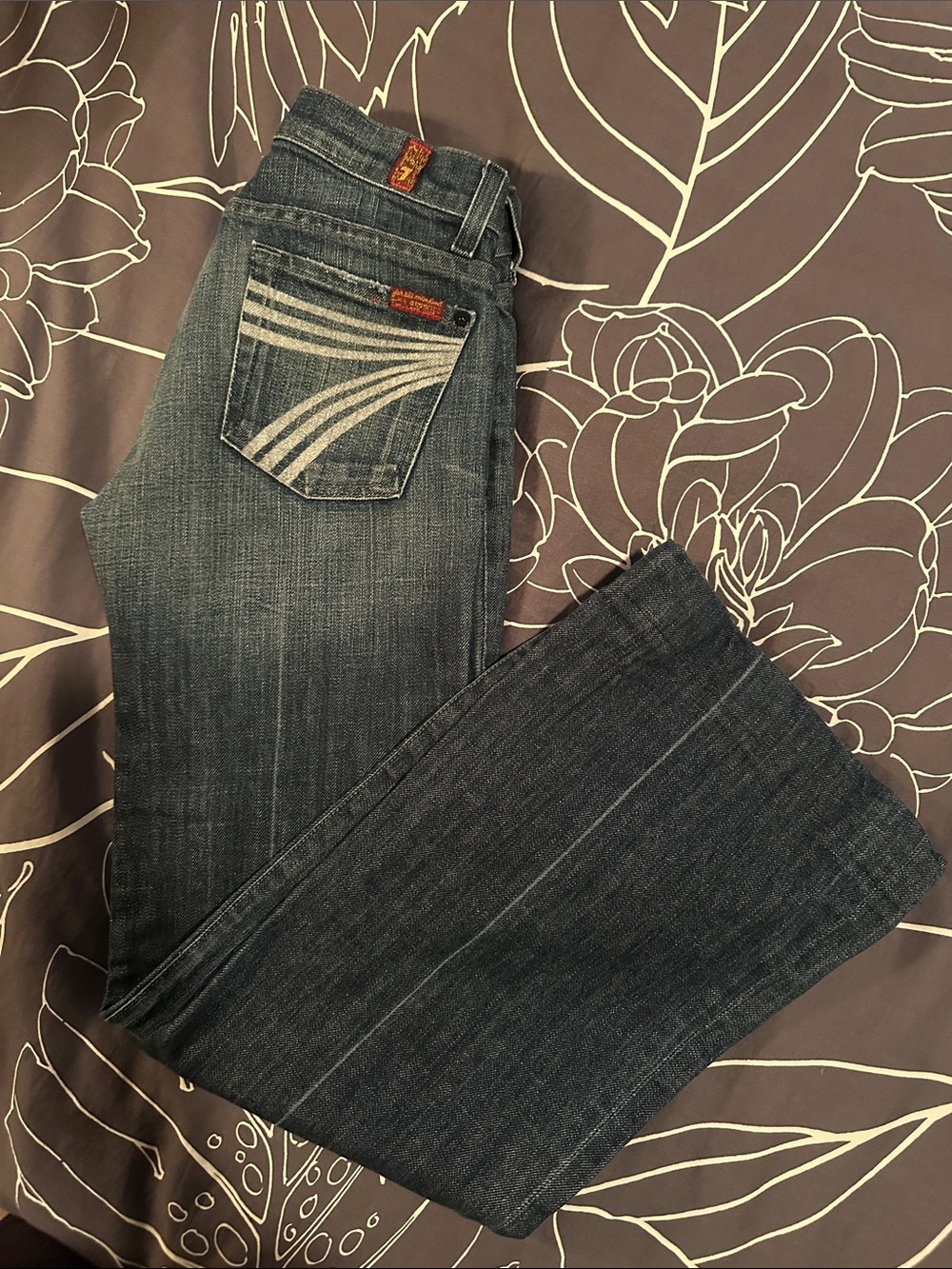 7 For All Mankind Low Rise Flare Jeans with Contrast Pocket Stitching